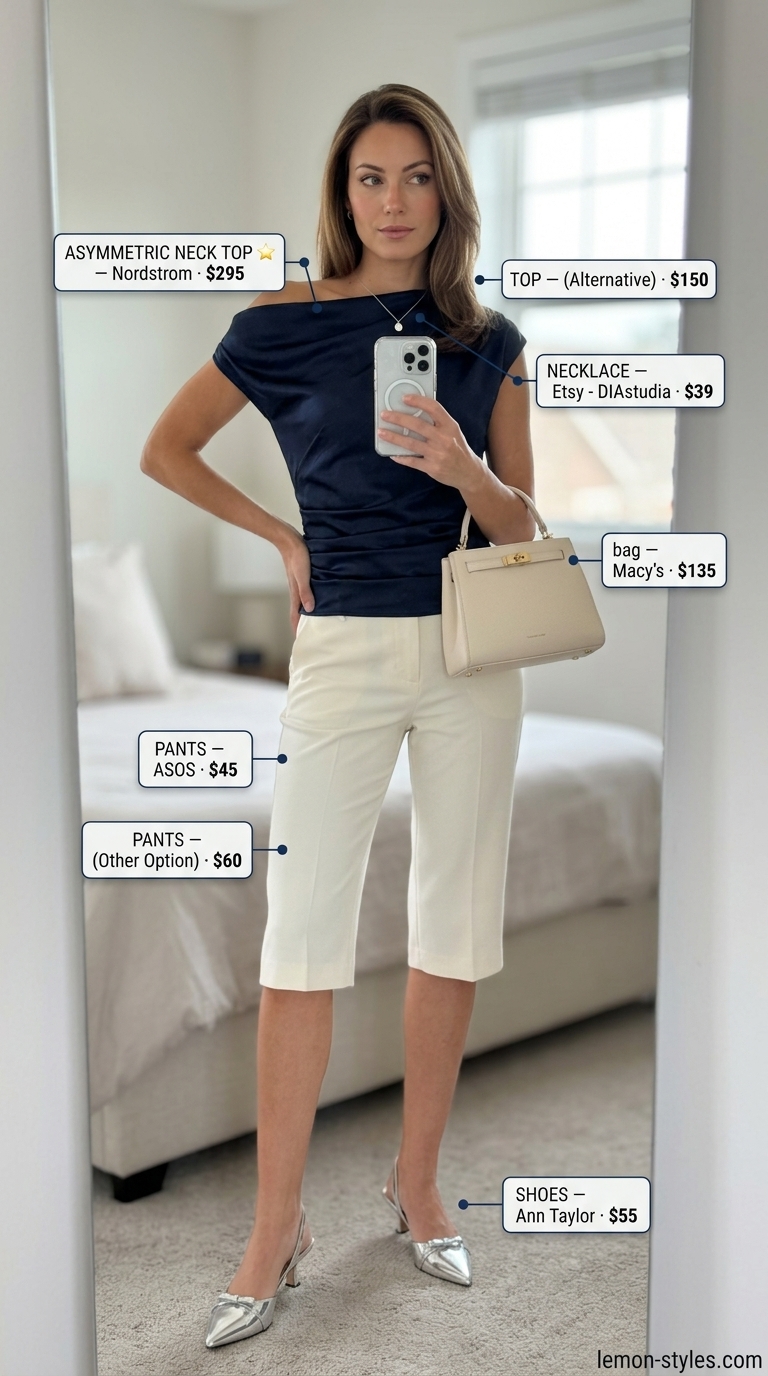Chic City Explorer: Navy asymmetric neck blouse with white capri pants for smart casual summer outfits 2026.