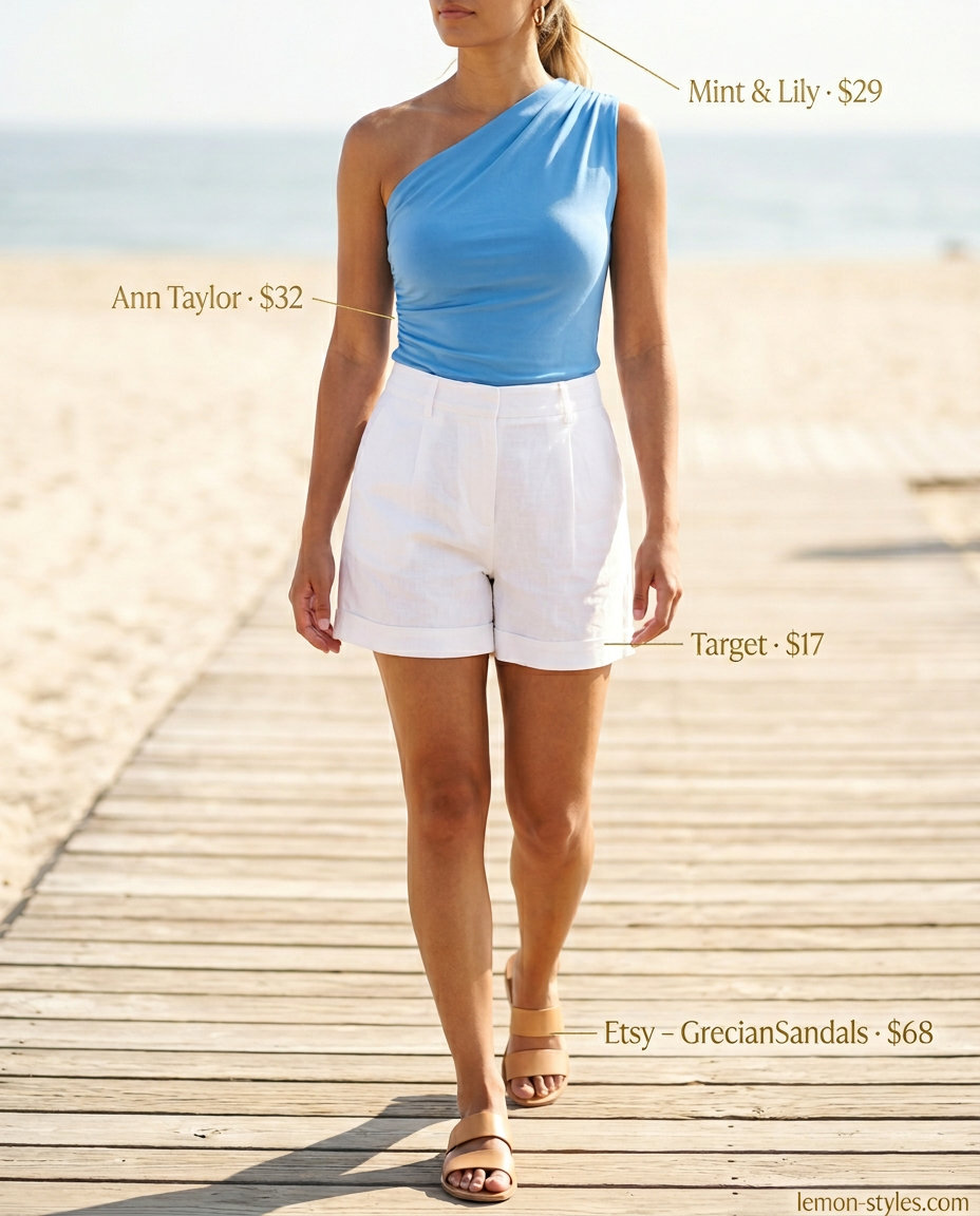 Coastal Breeze: Sky blue asymmetric neck linen top with white linen shorts for chic summer outfits 2026.