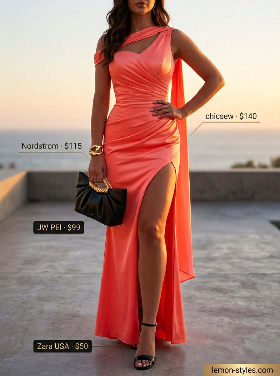 Coral satin asymmetric neck maxi dress for summer wedding guest Asymmetric Neck outfits for women 2026.