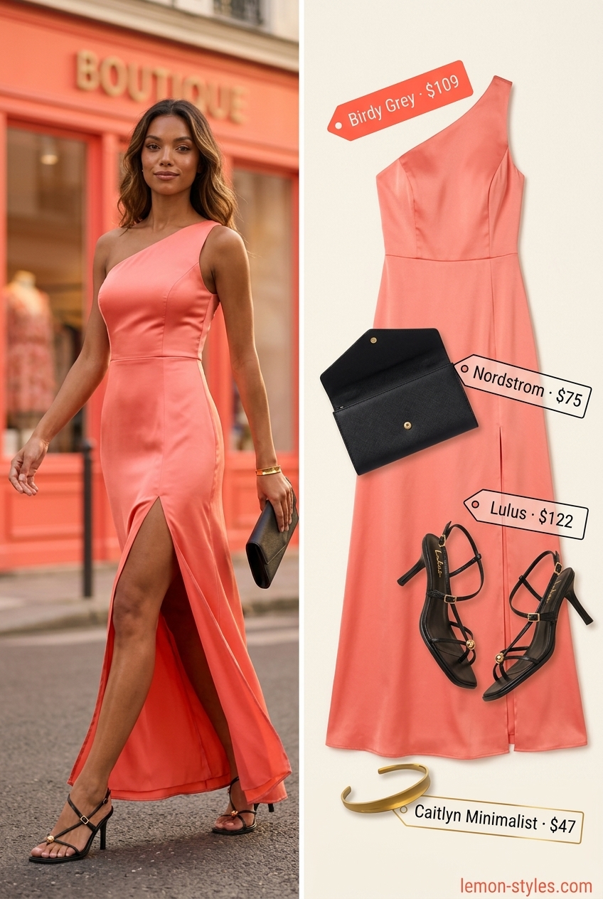 Coral one-shoulder midi dress for summer evening events Asymmetric Neck outfits for women 2026.