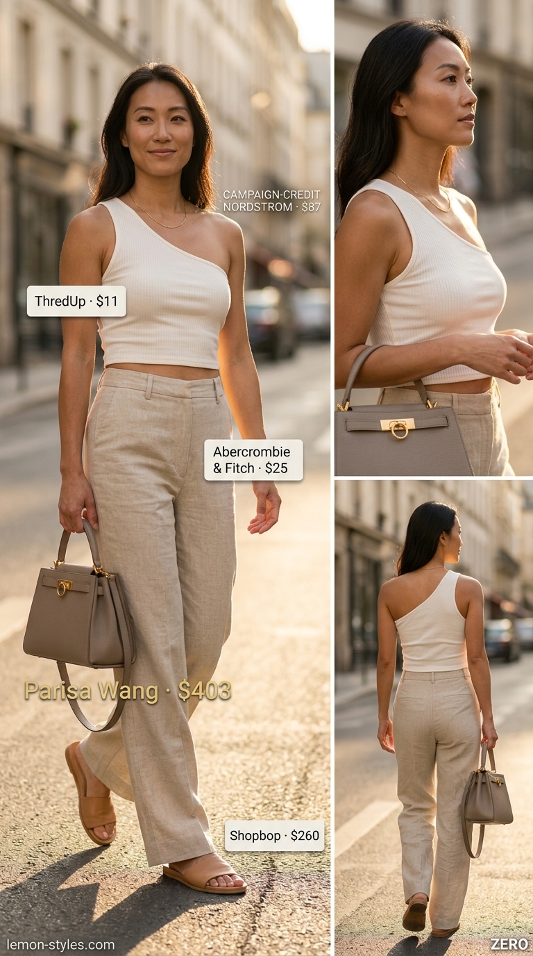 Cream asymmetric neck top with beige linen trousers for smart casual summer Asymmetric Neck outfits for women 2026.
