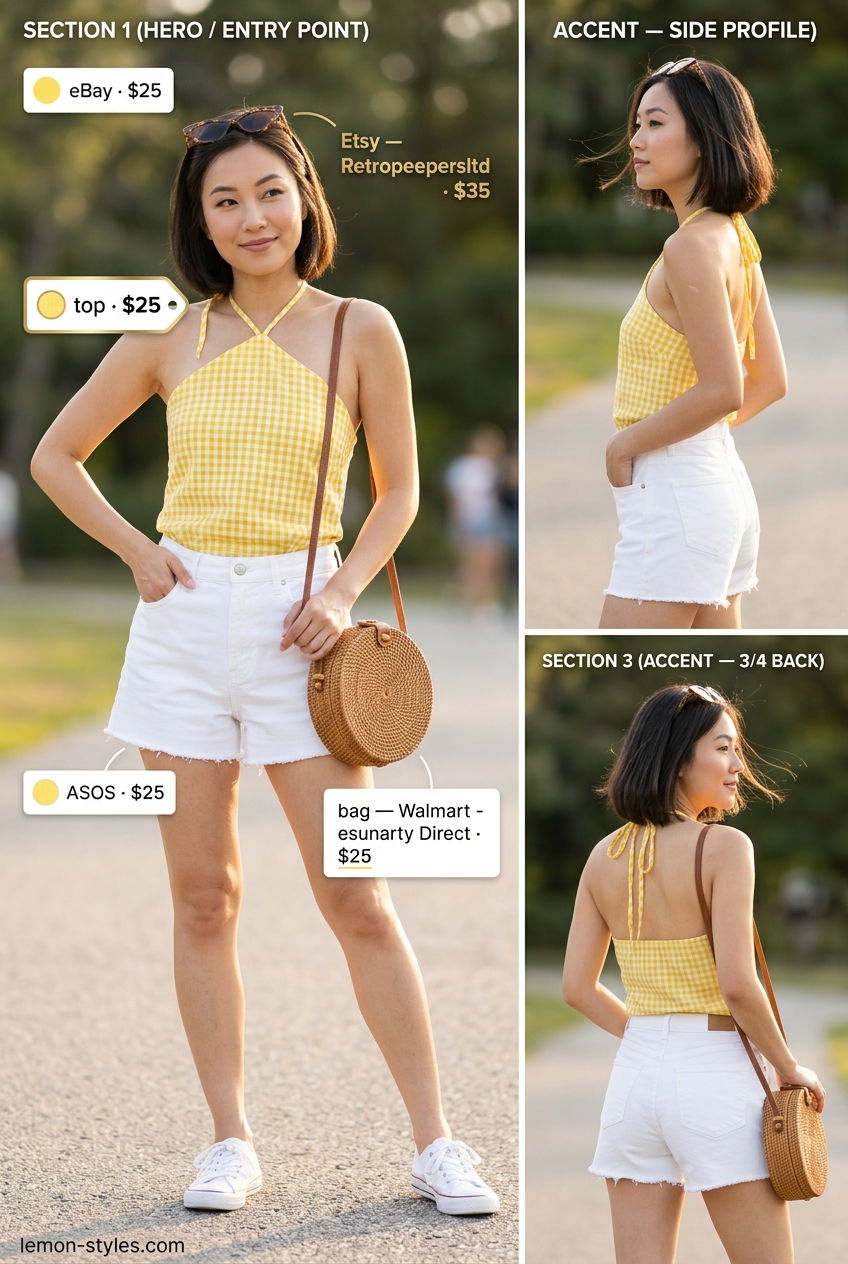 Yellow gingham halter top with white denim shorts for retro summer fun Asymmetric Neck outfits for women 2026.