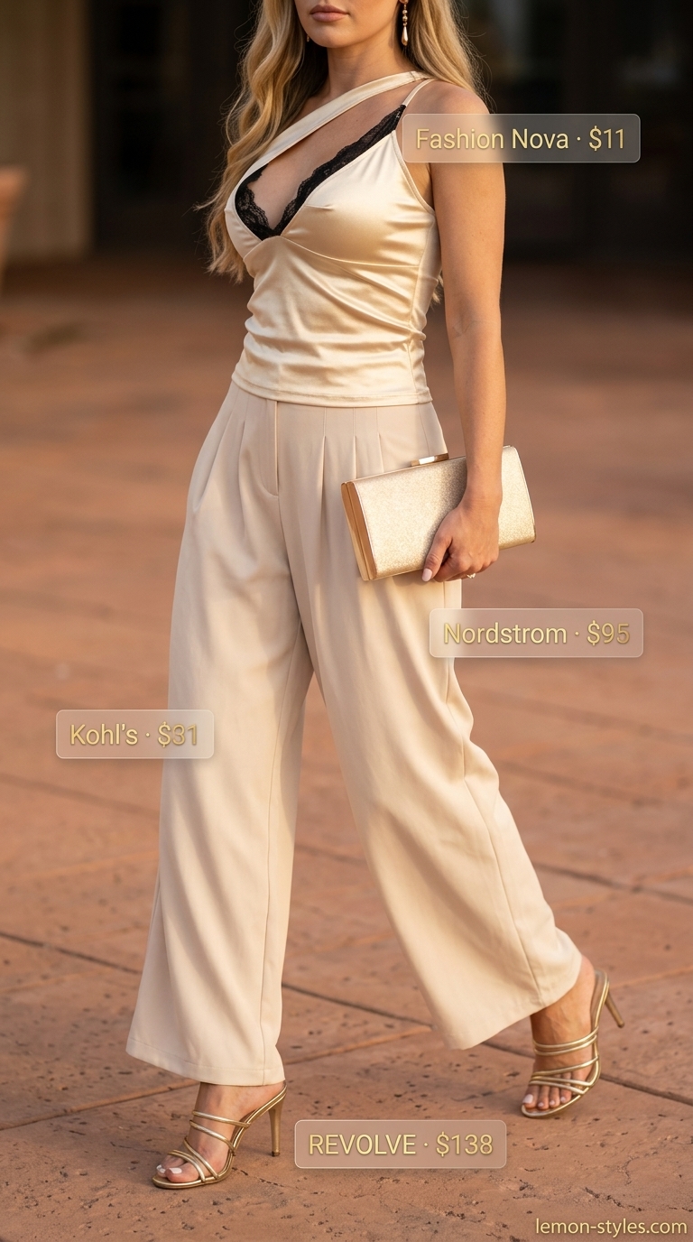 Golden Hour Glow: Champagne gold asymmetric neck top with flowy beige pants for summer evening outfits 2026.