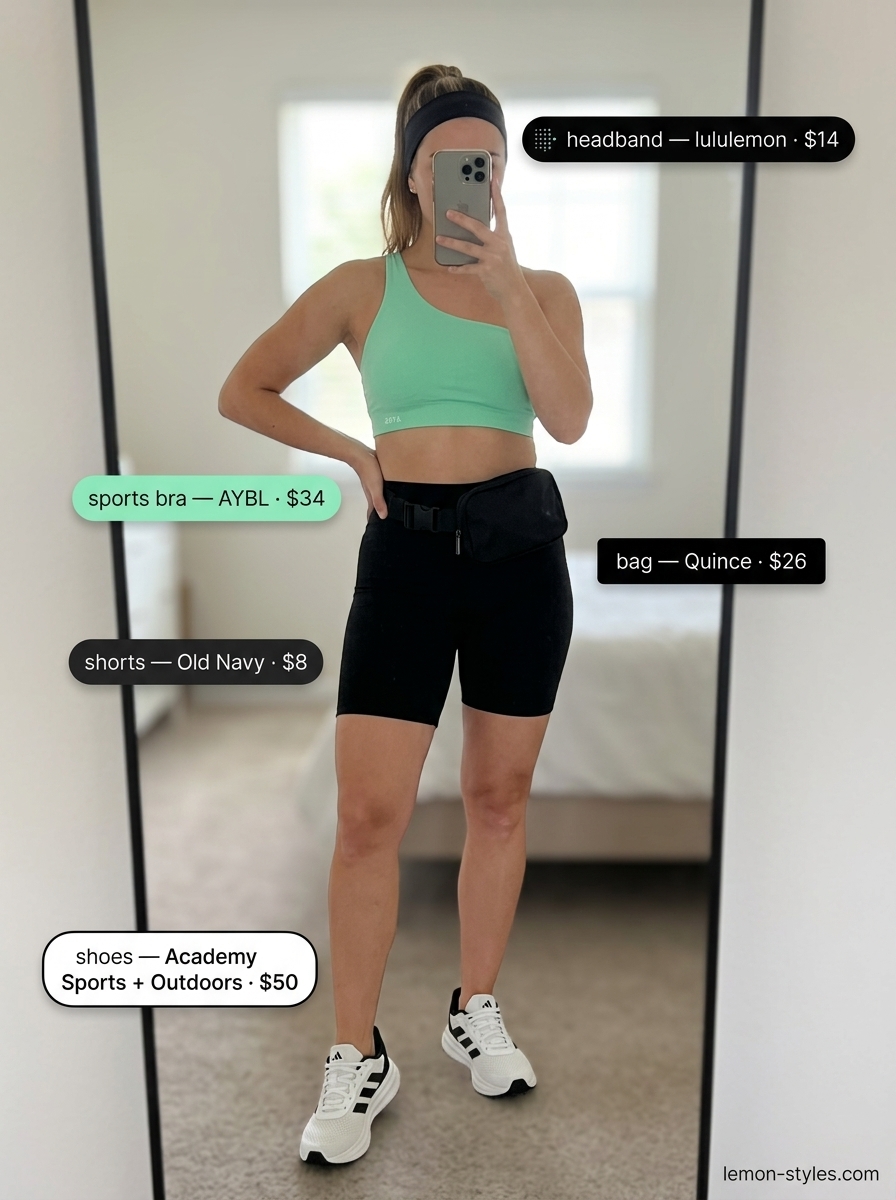 Mint green asymmetric neck athletic top with black biker shorts for athleisure Asymmetric Neck outfits for women 2026.