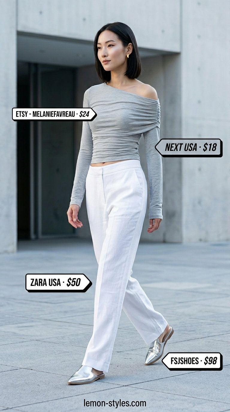 Modern Minimalist: Grey asymmetric neck top with white tailored pants for smart casual summer outfits 2026.