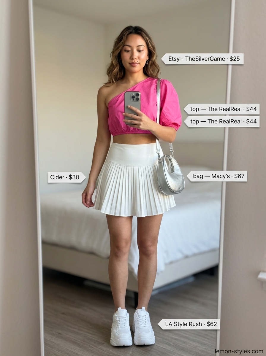 Playful Mini Skirt: Hot pink asymmetric neck crop top with white A-line mini skirt for summer outfits 2026.