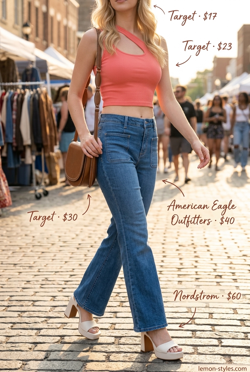 Retro Summer Vibes: Coral pink asymmetric neck crop top with flared denim jeans for casual summer outfits 2026.