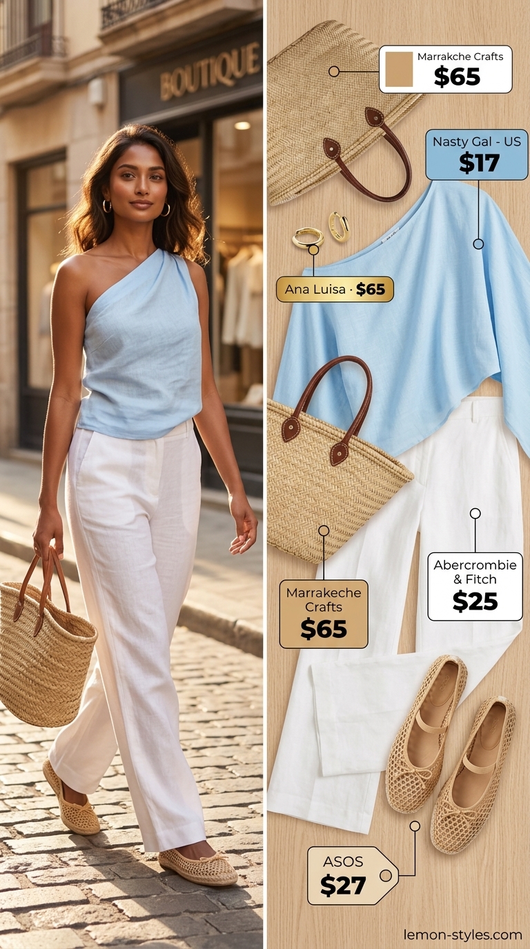 Sky blue asymmetric neck top with white wide-leg trousers for coastal chic Asymmetric Neck outfits for women 2026.