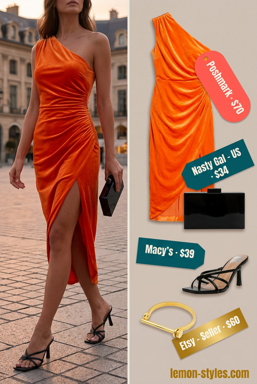 Sunset Soirée: Orange asymmetric neck midi dress with black strappy heels for evening summer outfits 2026.