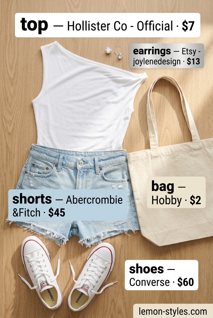White asymmetric neckline tank top with light blue denim shorts for casual summer Asymmetric Neck outfits for women 2026.