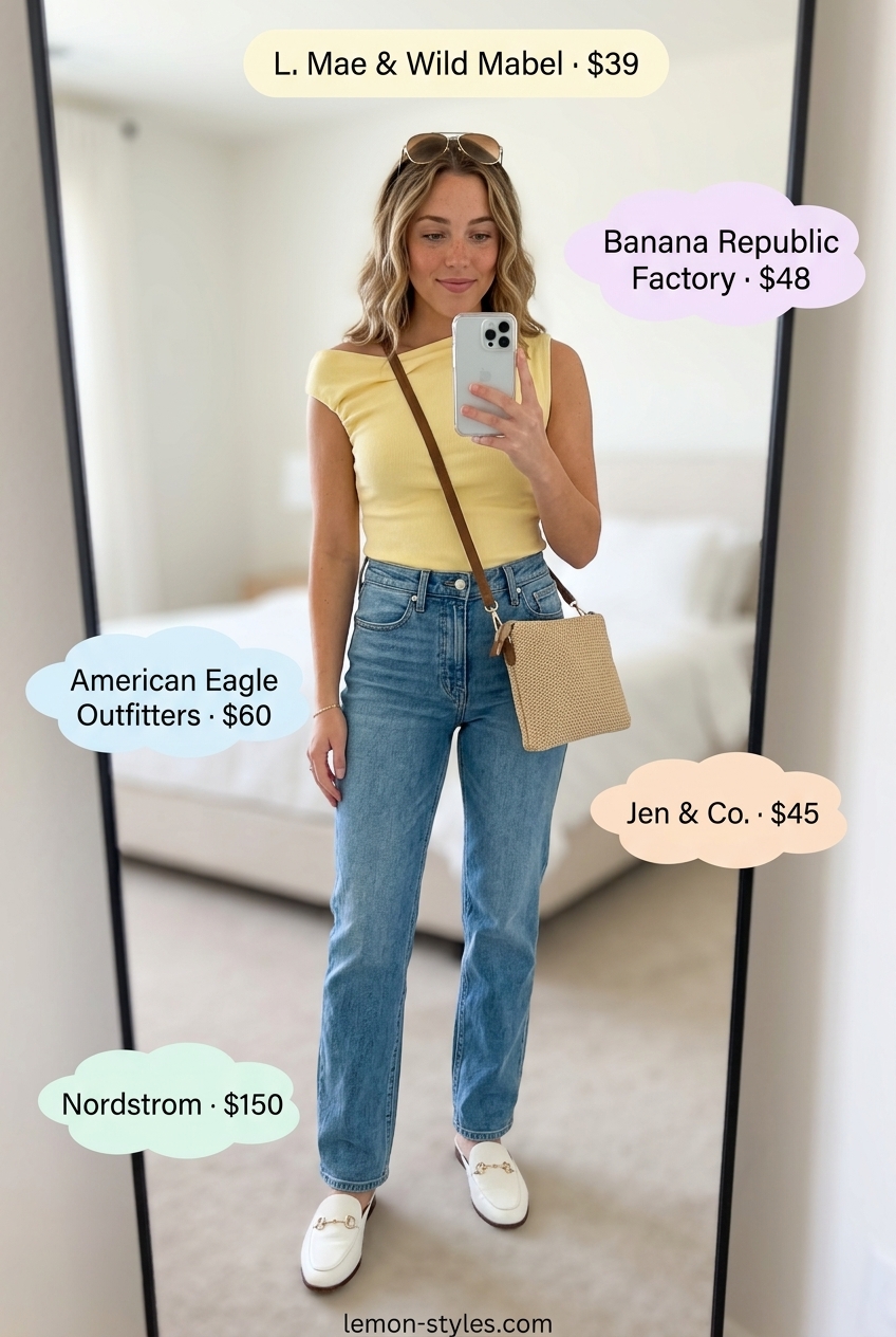 Bright yellow asymmetric neck top with high-waisted jeans for weekend brunch Asymmetric Neck outfits for women 2026.