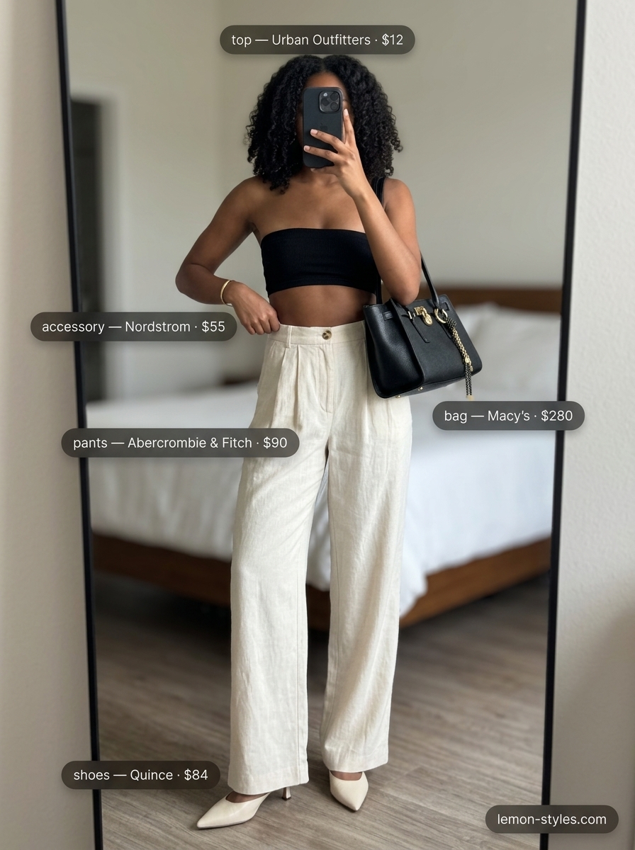 Chic black bandeau top with beige wide-leg trousers for a sophisticated summer day out.