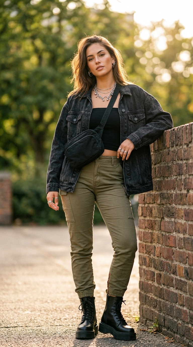 Black ribbed bandeau top with olive green cargo pants for urban exploration.