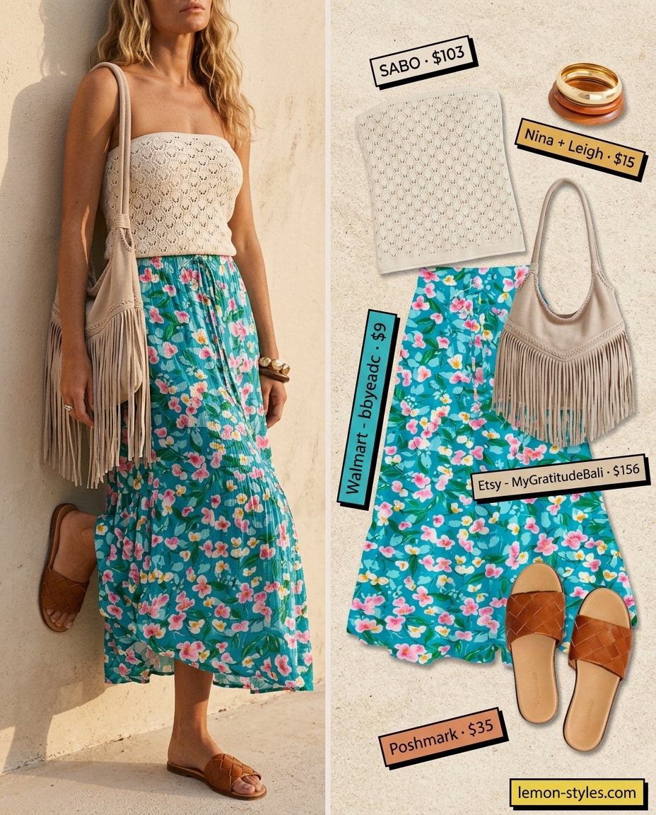 Cream crochet bandeau top with floral maxi skirt and leather slides for boho beach 2026.