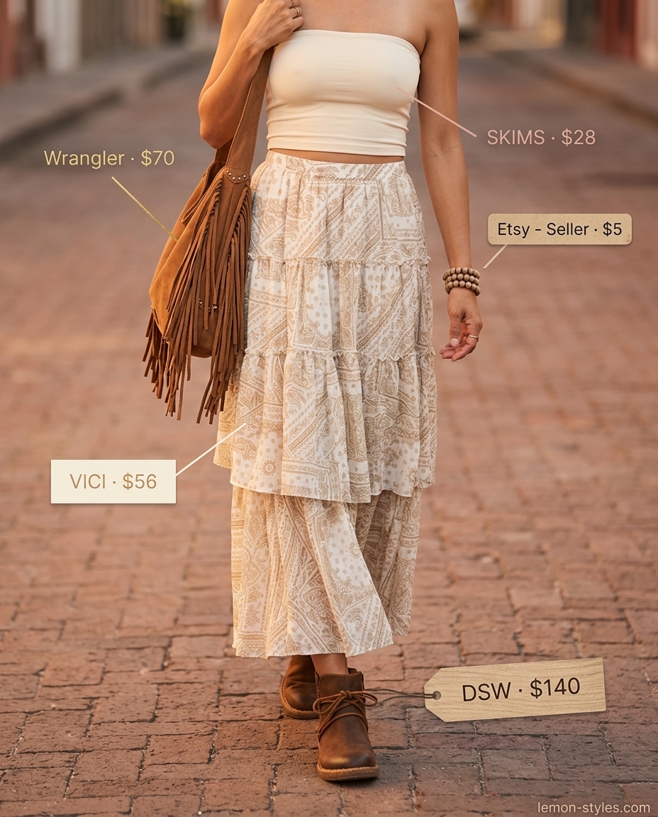 Boho summer Bandeau top for women 2026 with a paisley maxi skirt, suede boots, and fringe bag for festivals.