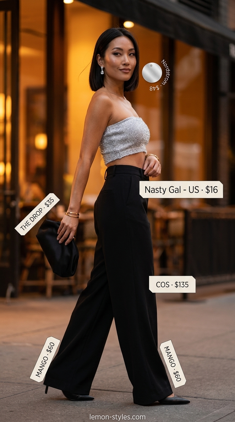 Silver metallic bandeau top with tailored trousers and heels for chic city summer evenings 2026.