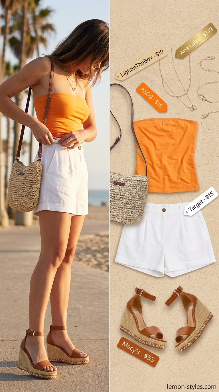 Coral orange bandeau top with linen shorts and espadrilles for daytime cruise 2026.