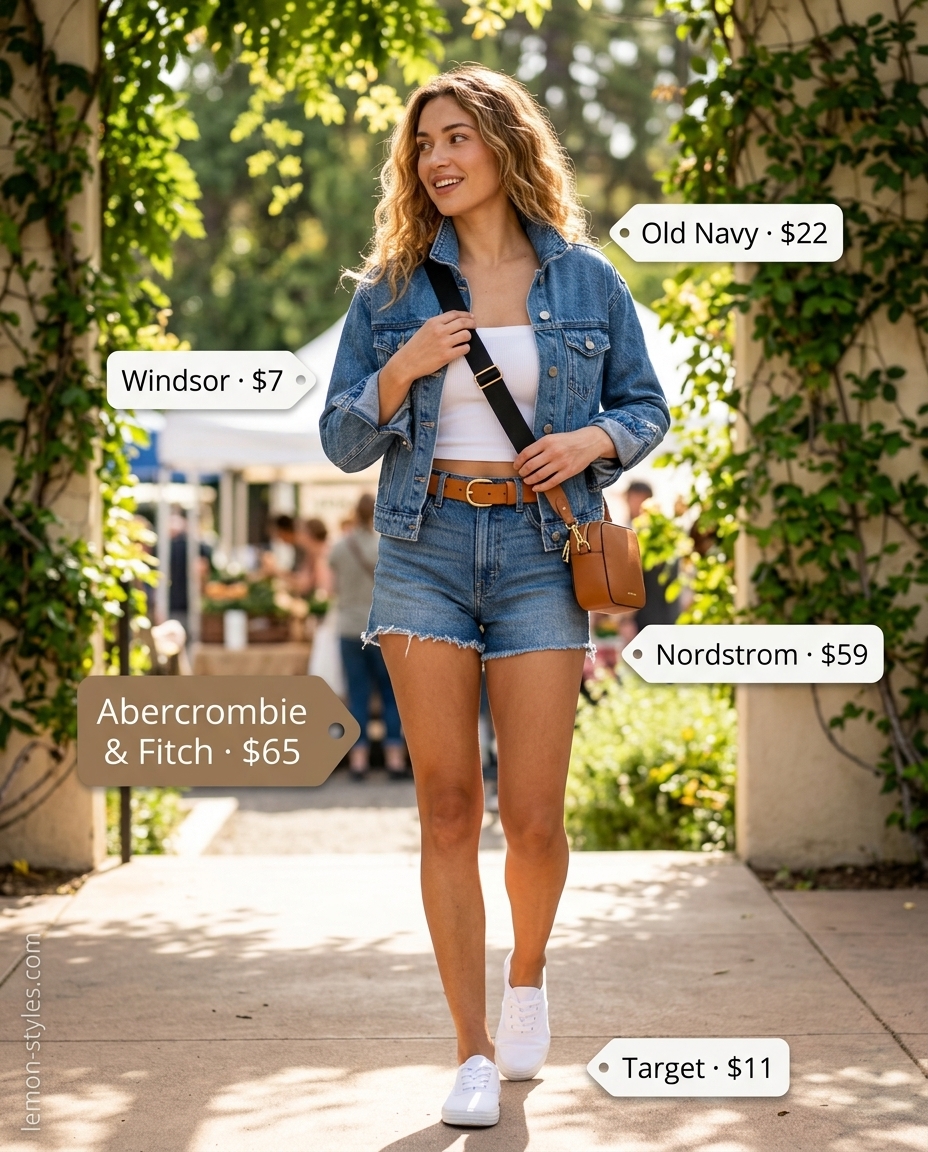 White ribbed knit bandeau top with denim shorts and jacket for casual summer vibes 2026.