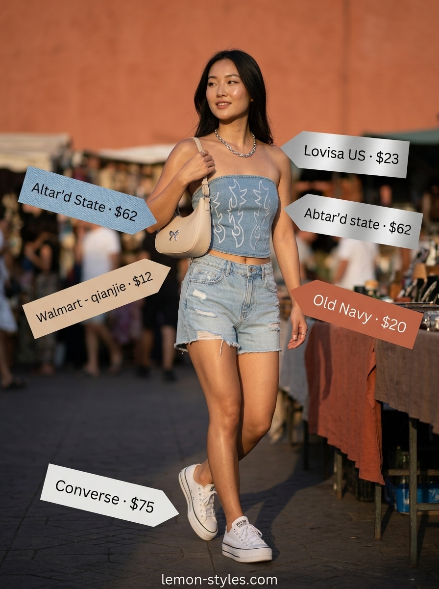 Y2K summer Bandeau top for women 2026 in light wash denim with matching shorts and chunky silver jewelry.