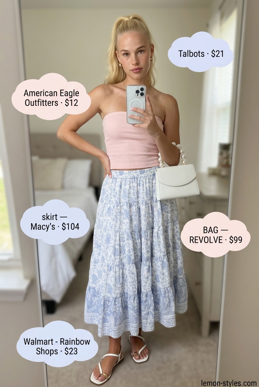 Romantic summer Bandeau top for women 2026 with a flowy floral midi skirt and pearl accessories for a date.