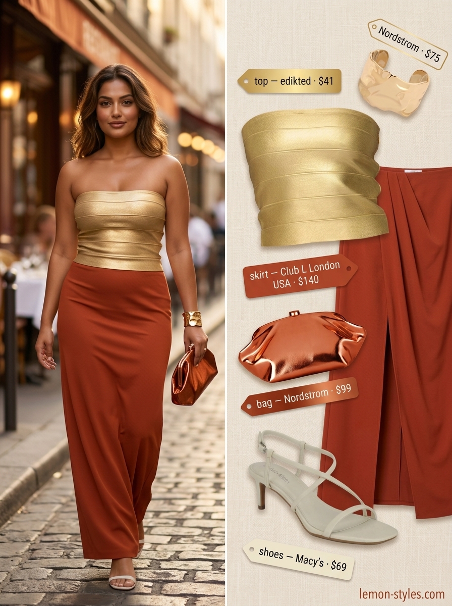 Gold metallic bandeau top with flowy rust orange maxi skirt for summer sunset dinner.