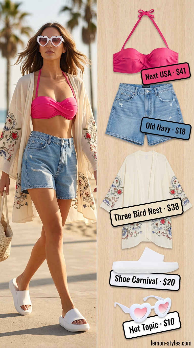 Hot pink bandeau top with denim shorts and a sheer kimono for a retro beach party.