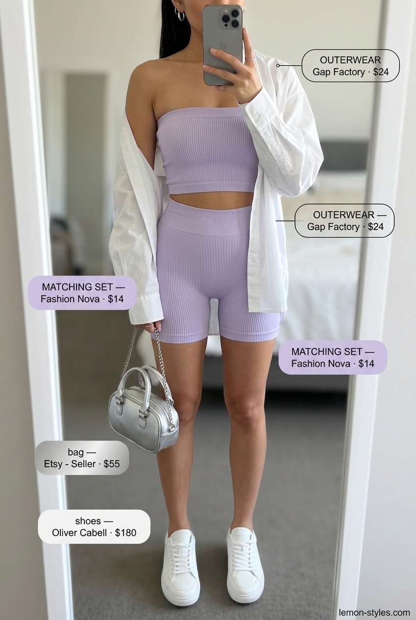 Playful summer Bandeau top for women 2026 in a lavender knit set with matching shorts and white sneakers.
