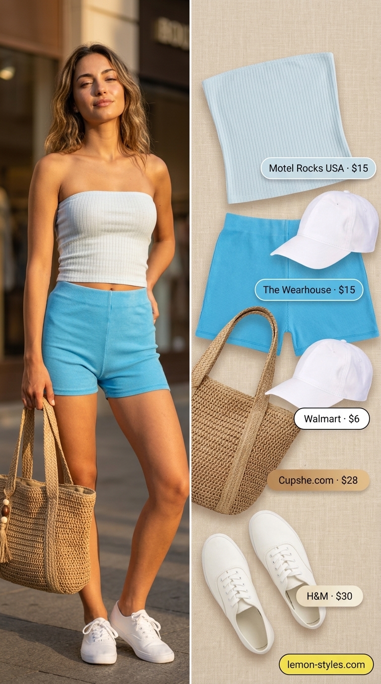 Casual summer Bandeau top for women 2026 in a ribbed knit set with matching shorts and white sneakers.