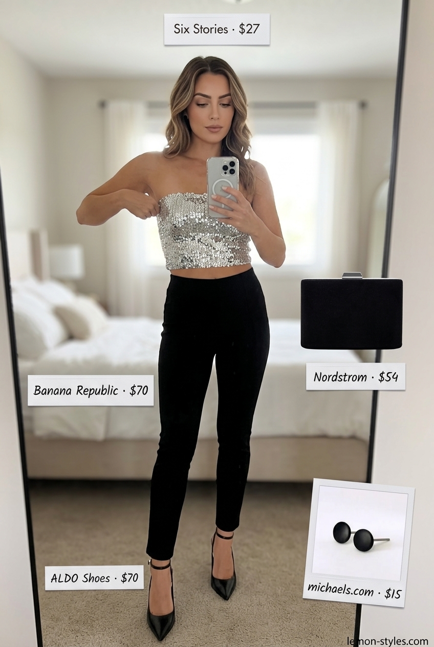 Silver sequin bandeau top with black skinny pants for a glamorous night out.