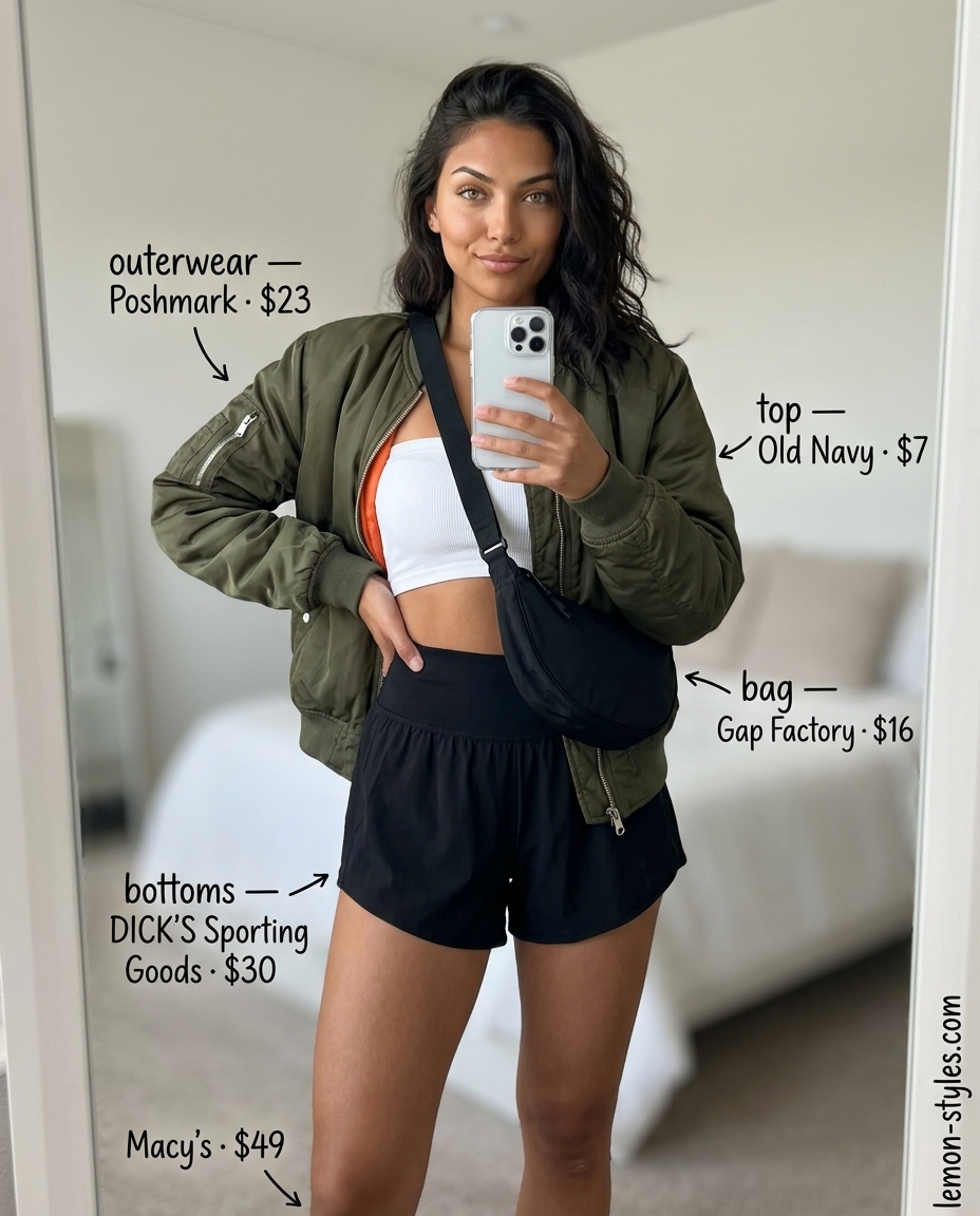 Modern sporty summer Bandeau top for women 2026 with athletic shorts, bomber jacket, and chunky sneakers.