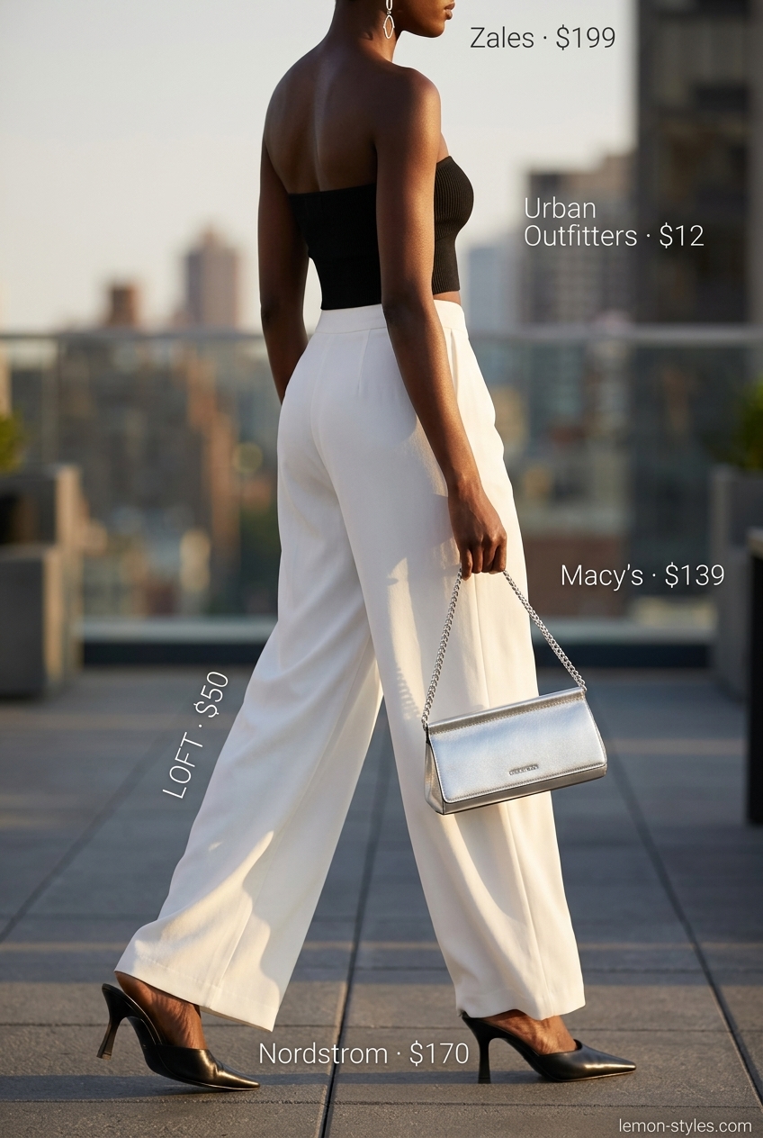 Chic summer Bandeau top for women 2026 with wide-leg trousers, stiletto mules, and silver accessories for evening.