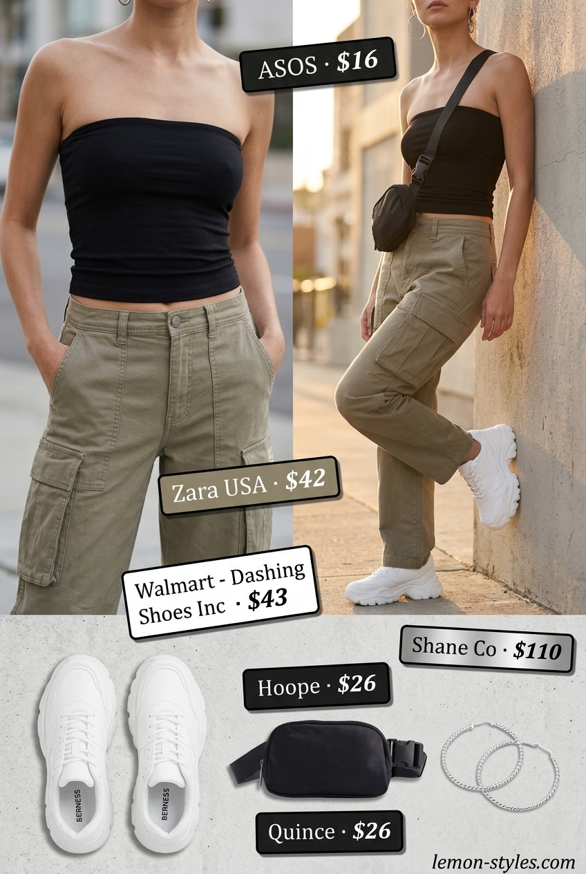 Black jersey bandeau top with cargo pants and platform sneakers for urban explorer style 2026.