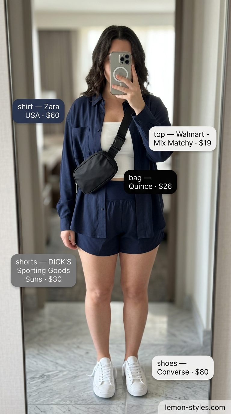 White bandeau top with navy athletic shorts and an oversized shirt for athleisure.