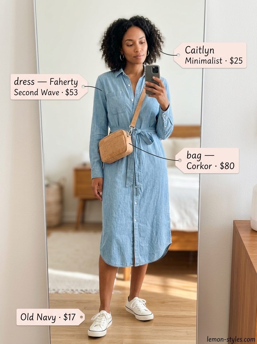 Light blue chambray belted dress for women 2026, perfect for casual outings with white sneakers and cork crossbody bag.