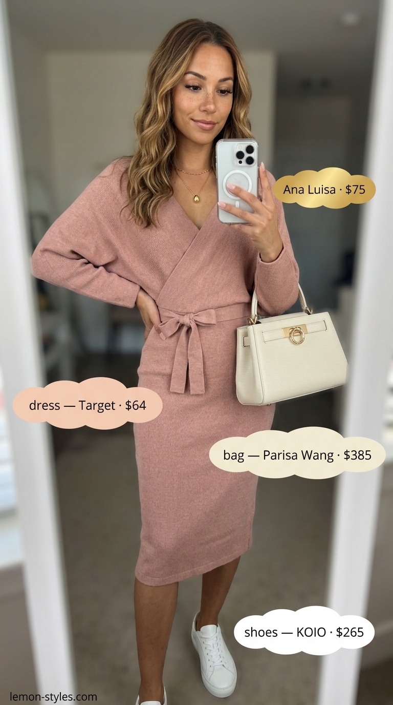 Dusty rose knit belted dress for women 2026, chic for casual evenings and weekend getaways.
