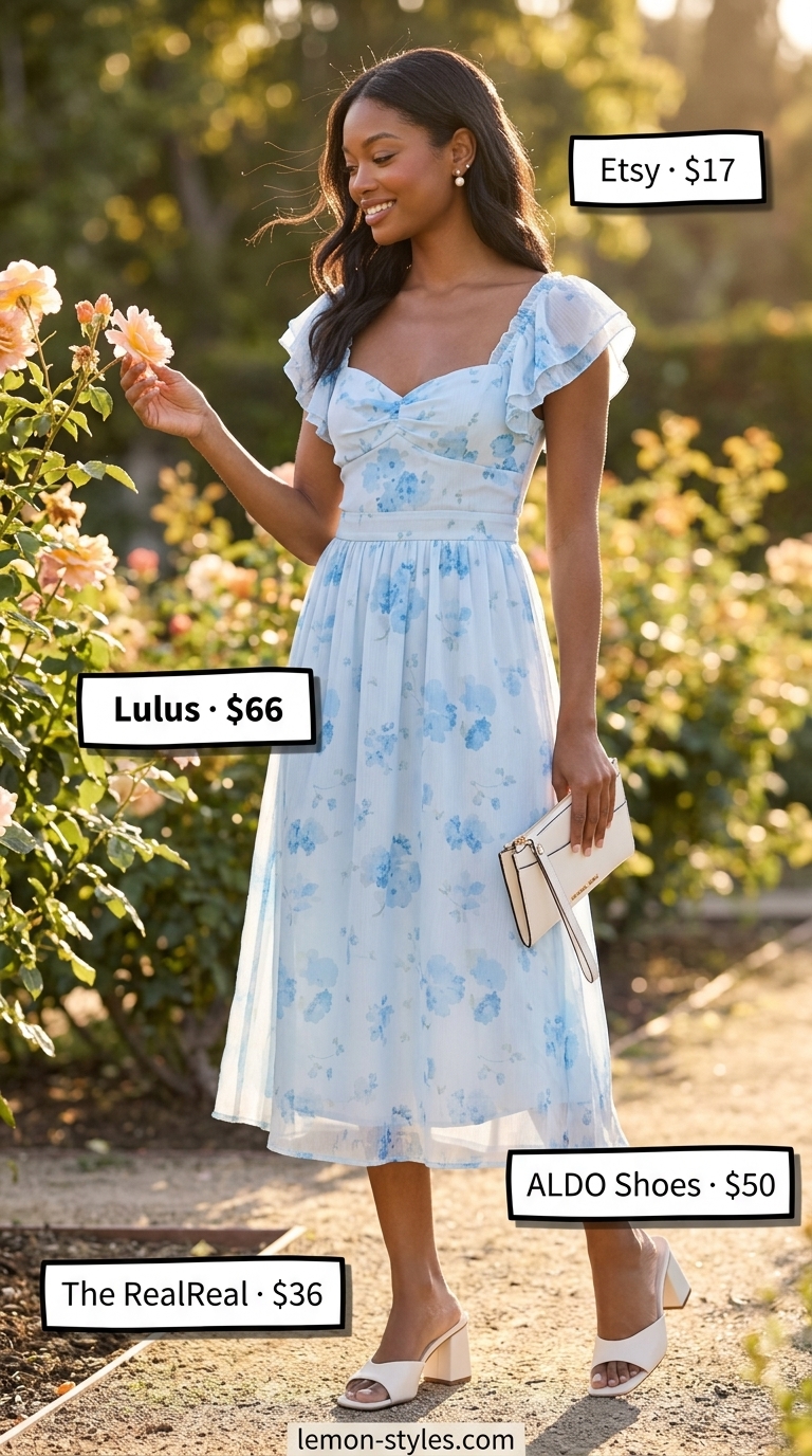 Pastel blue floral belted dress for women 2026, elegant for garden parties with cream mules and pearl earrings.