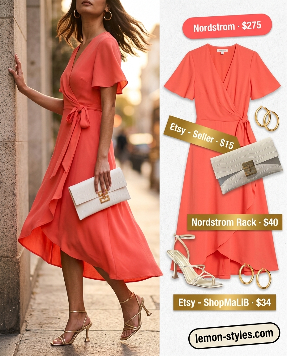 Vibrant orange maxi wrap dress for women 2026, perfect for summer parties and resort wear.