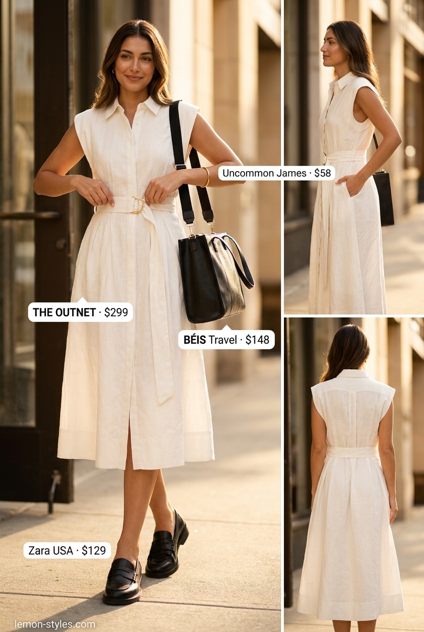 Cream midi shirt dress for women 2026, modern minimalist for smart casual with loafers and tote bag.