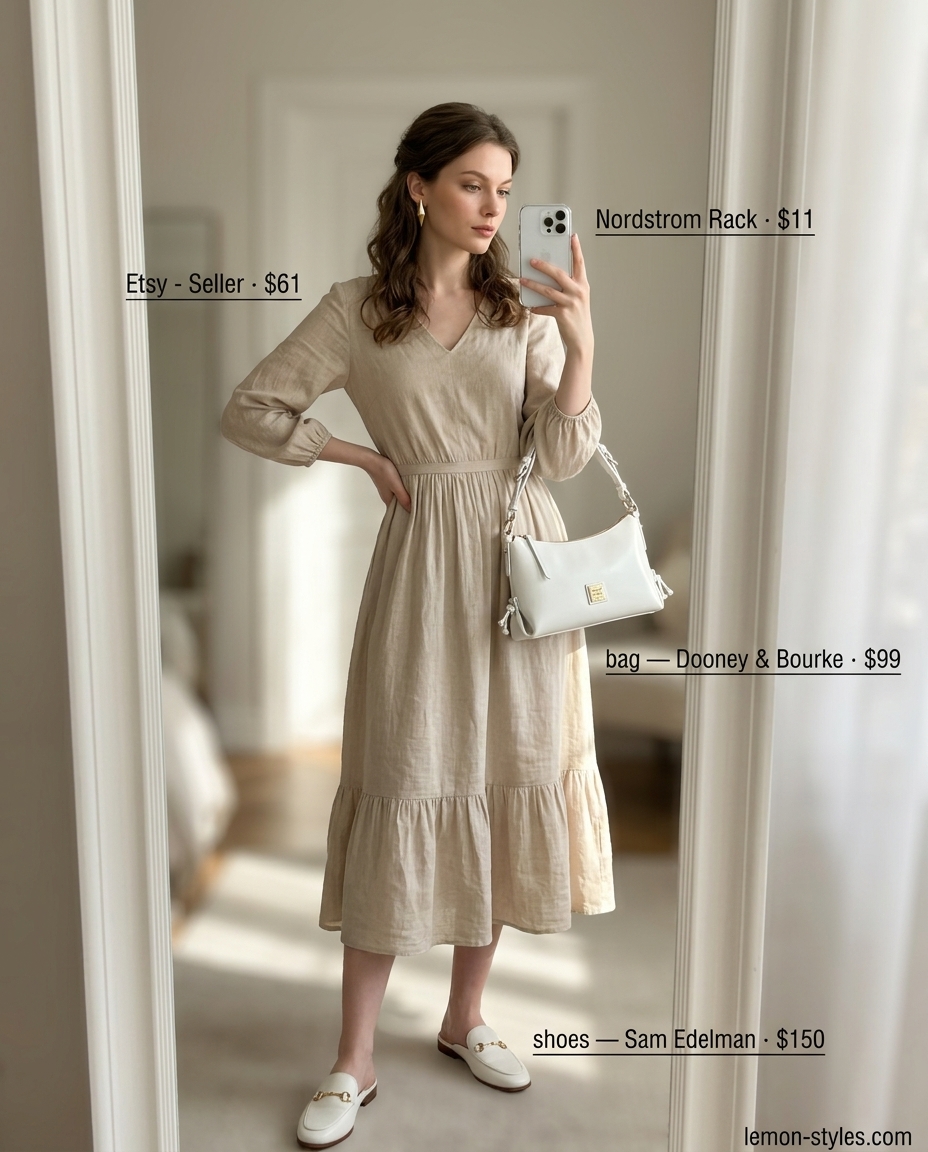 Tan linen blend belted midi dress for women 2026, chic for summer work events and travel.