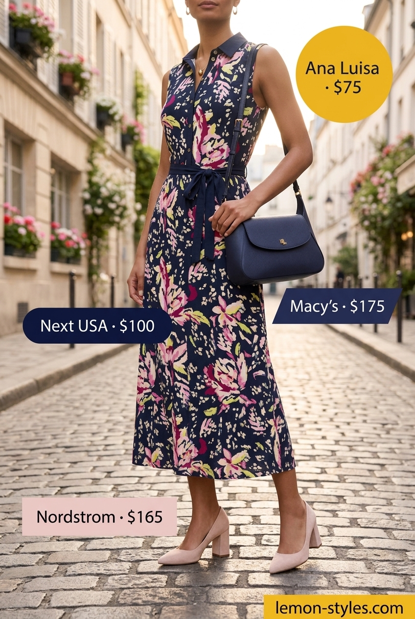 Navy and blush floral shirt dress for women 2026. Polished for city or casual office.