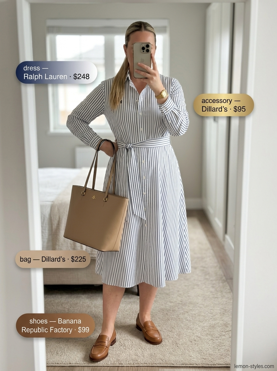 Navy and white striped shirtdress for women 2026. Classic for work or weekend brunch.