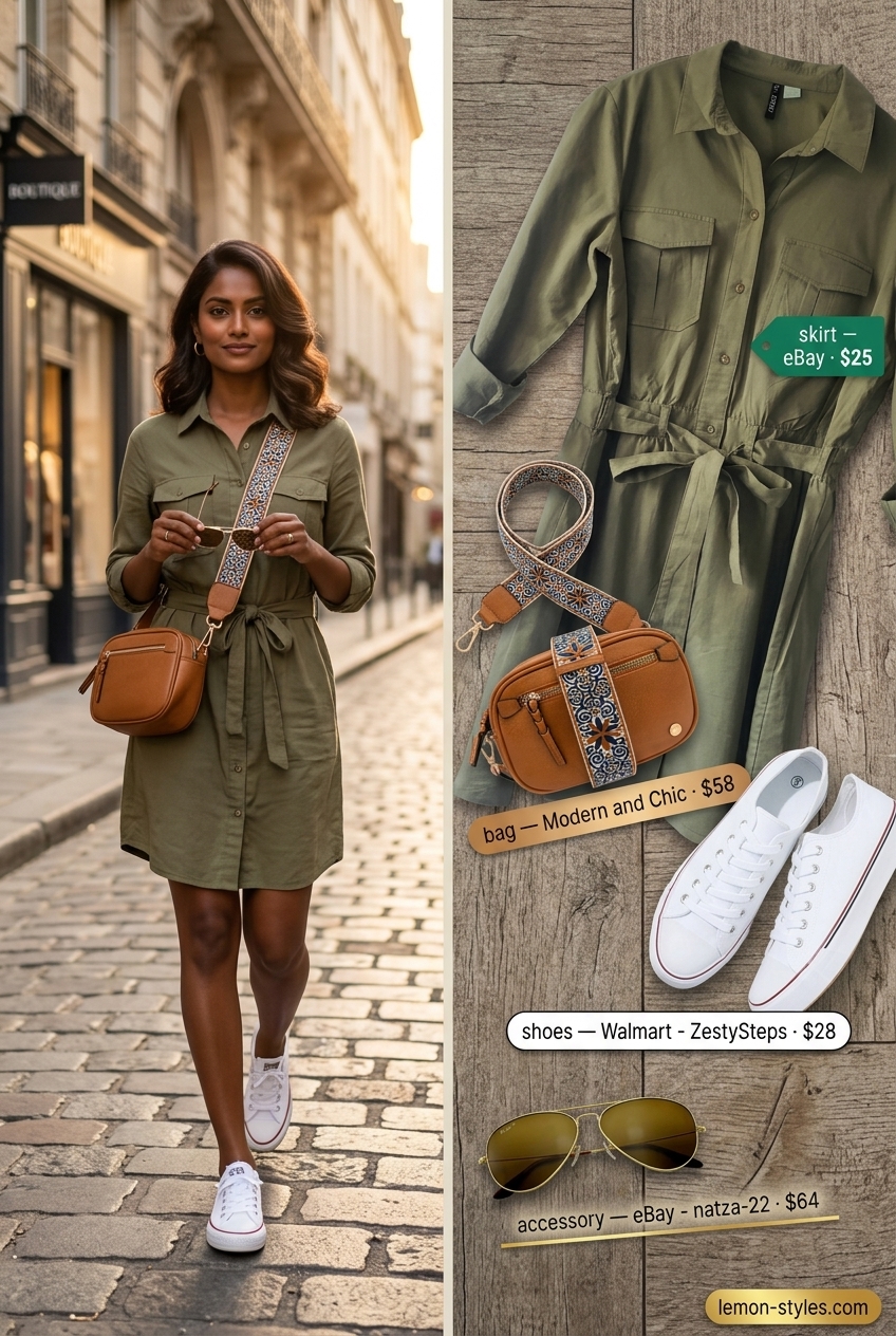Olive green utility shirtdress for women 2026, styled casually with sneakers and crossbody bag.