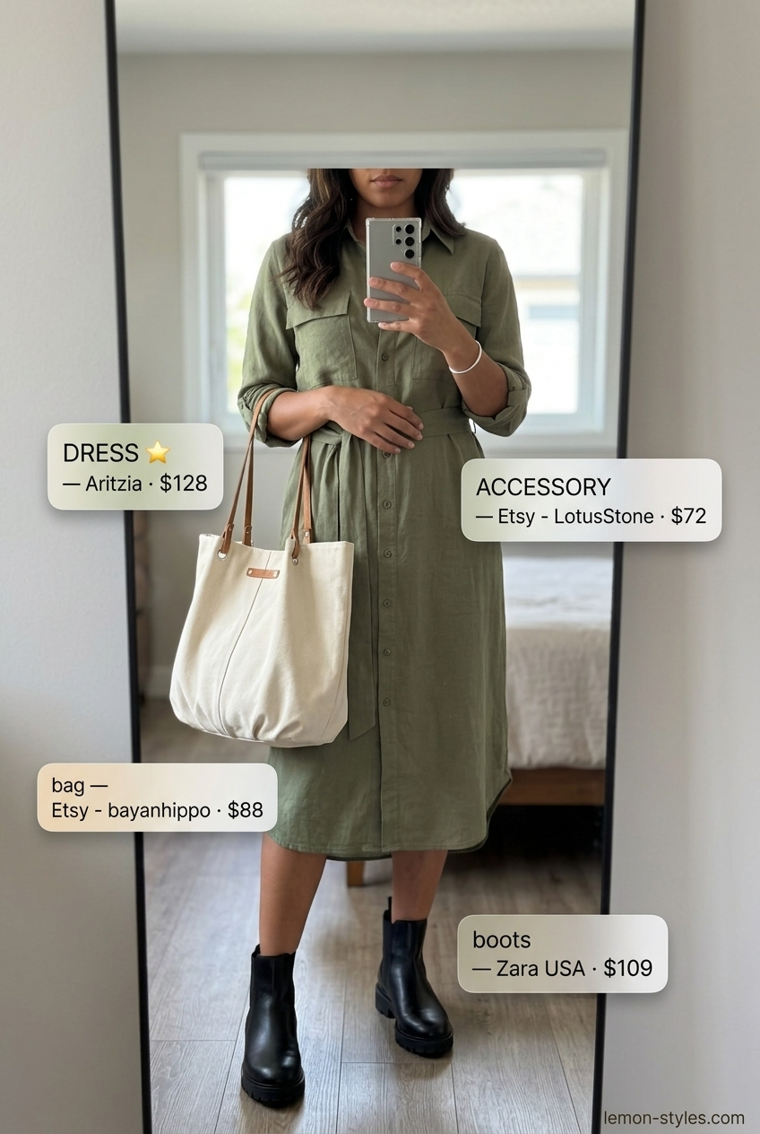 Olive green utility belted dress for women 2026, paired with black boots and cream tote. Chic for work or travel.