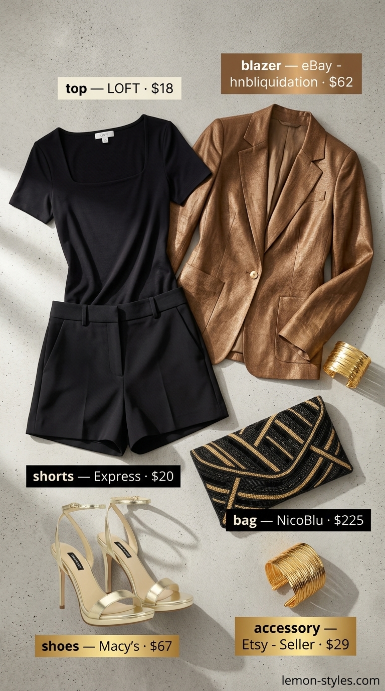Glamorous Getaway Blazer Shorts 2026 Bronze metallic blazer with black shorts outfit for women 2026. Glamorous resort dinner style.