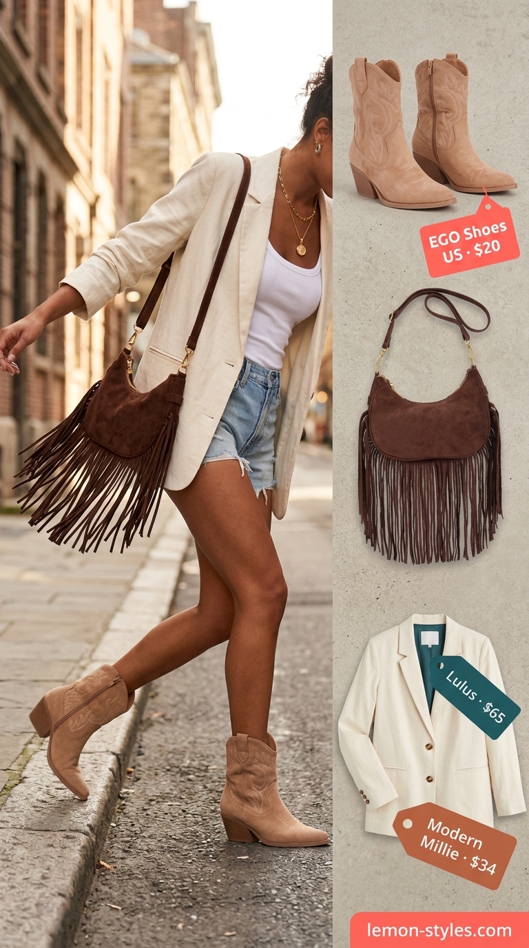 Rodeo Drive Rendezvous Blazer Shorts 2026 Cream linen blazer with denim cutoff shorts outfit for women 2026. Playful festival style.