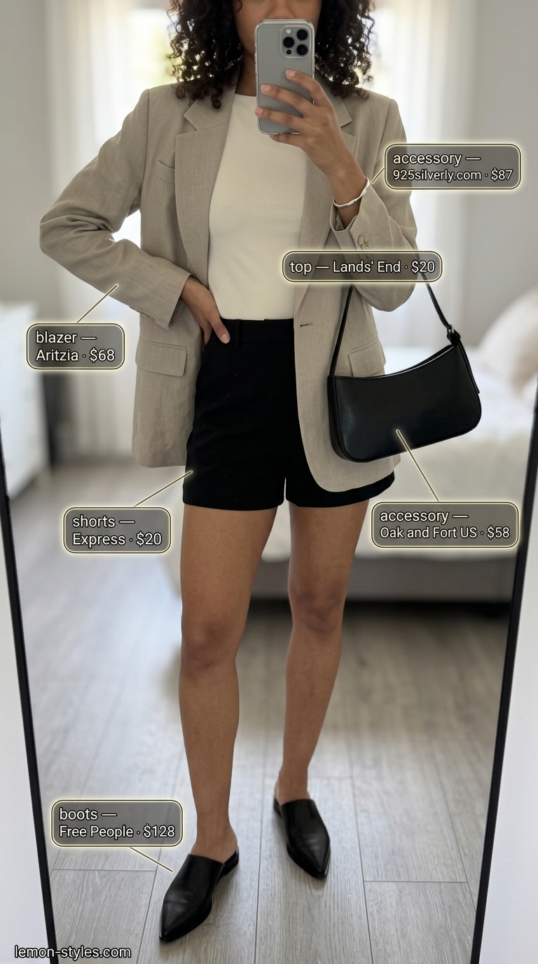 Greige blazer with black shorts outfit for women 2026. Sophisticated casual look for gallery hop.