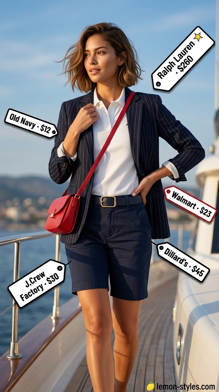 Nautical Club Regatta Blazer Shorts 2026 Navy and white striped blazer with navy shorts outfit for women 2026. Classic nautical style.