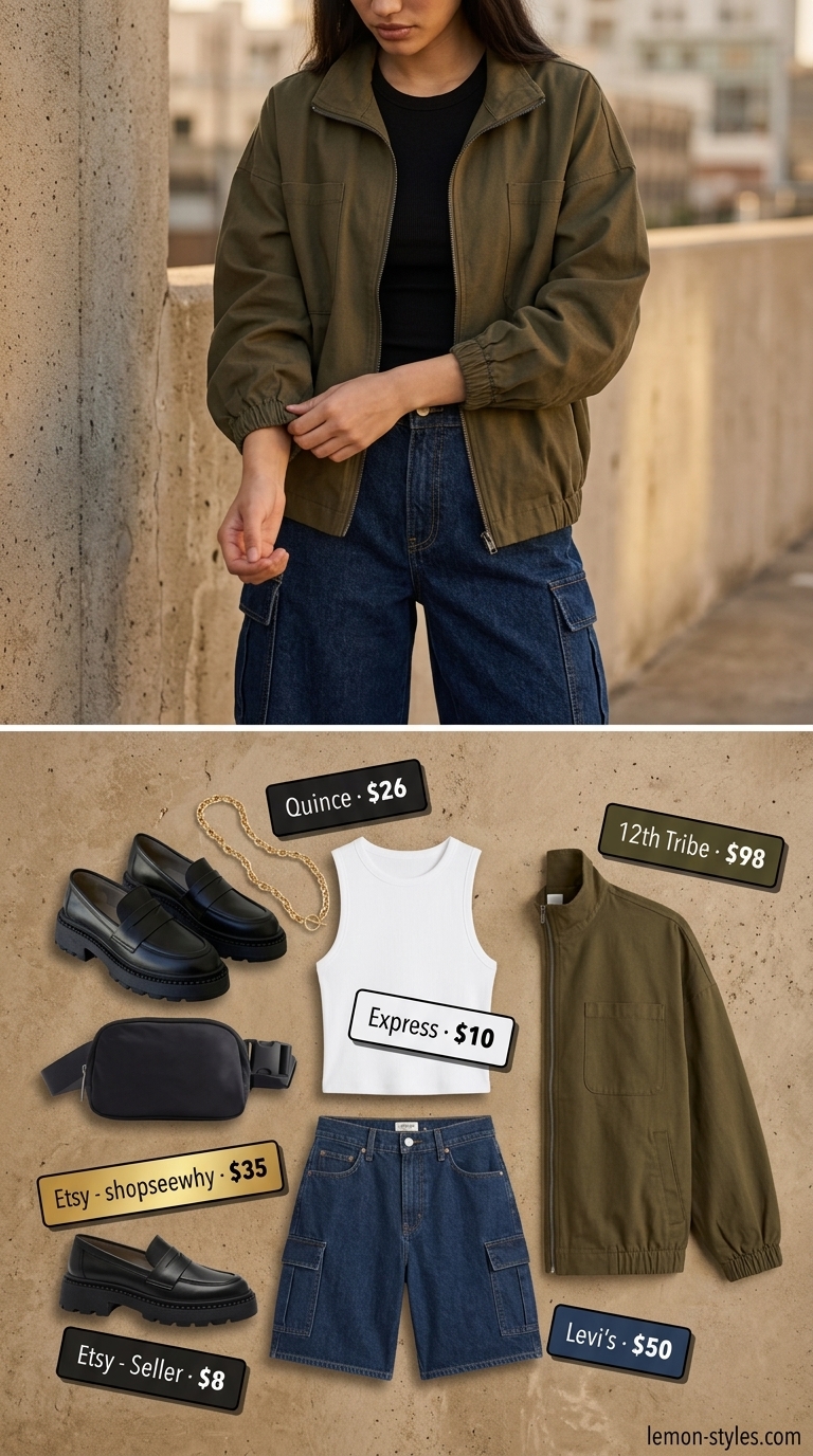 Safari Sunset Explorer Blazer Shorts 2026 Olive green utility blazer with black cargo shorts outfit for women 2026. Adventurous city exploration style.