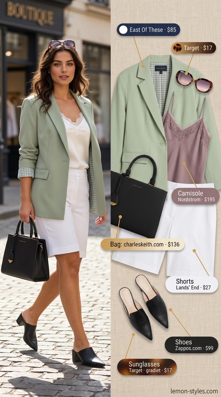 City Chic Power Play Blazer Shorts 2026 Sage green blazer with white tailored shorts outfit for women 2026. Professional summer office style.