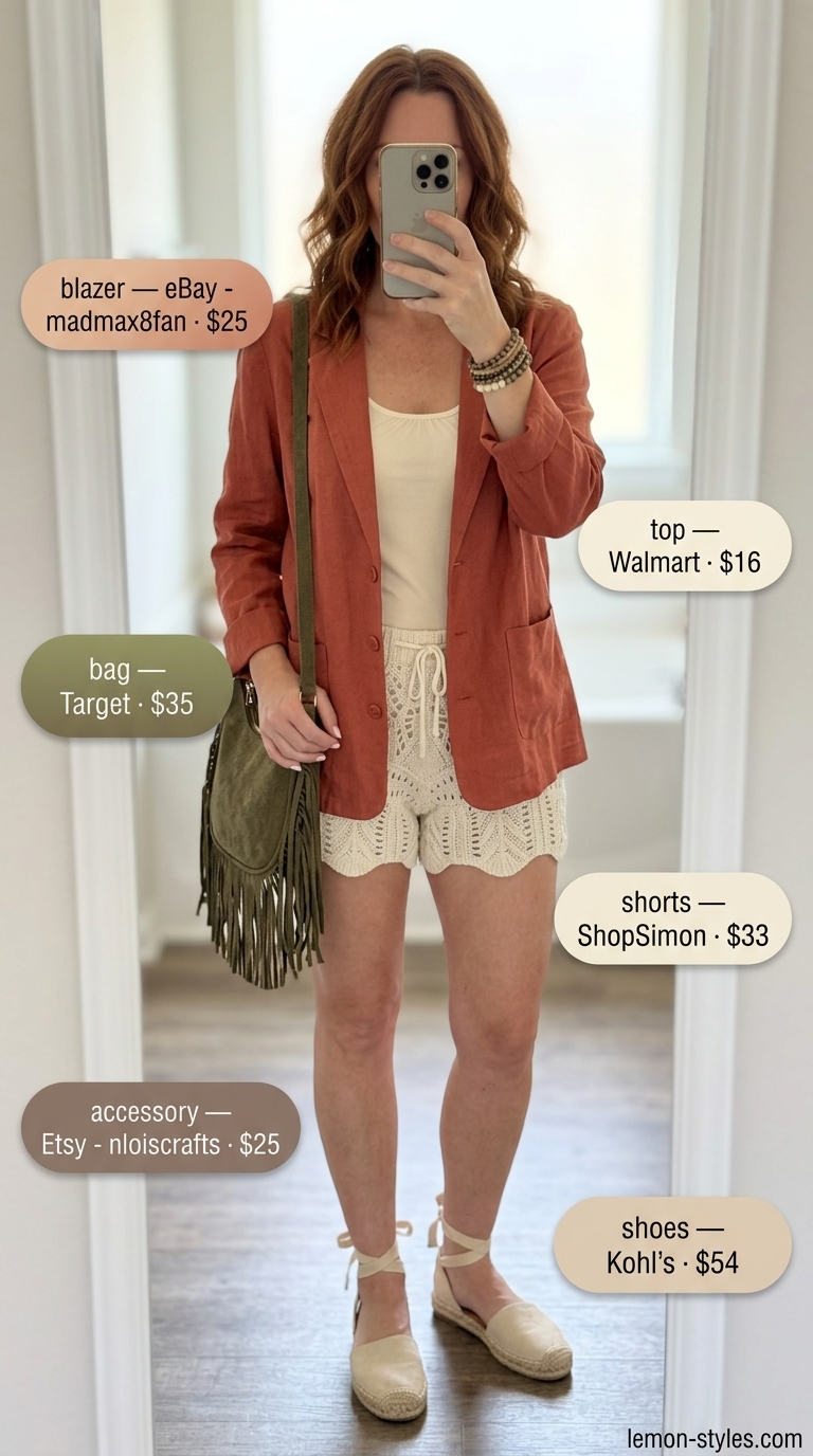 Summer Blazer with Shorts Outfits 2026: Bohemian Market Wanderer Terracotta linen blazer with ivory crochet shorts for women's summer outfits 2026. Bohemian market style.
